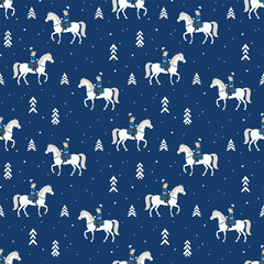 Horse riding in the winter forest, seamless vector pattern