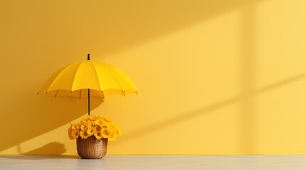 yellow umbrella with yellow flowers on yellow background