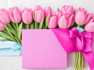Gift box with a bouquet of pink tulips with copy text space.. Postcard template Happy Mother's Day, International Women's Day, Birthday, Valentine's Day