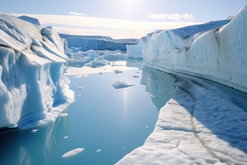 Greenland ice sheet. The Ice Cap crossing through striking glacier formations, glacial lakes and rivers. Climate Change. Iceberg afrom glacier in arctic nature landscape on Greenland. 