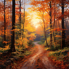 Seasonal autumn landscape with a unique perspective of a forest turning golden
