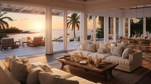 Fototapeta costal life interior design, photorealistic, high quality, livingroom, design golden hour, 16:9