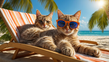 Cute cartoon funny cat, wearing sunglasses, beach, palm trees sun