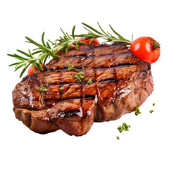grilled meat steak tender juicy attractive with leaves and vegetables isolated on transparent background, clipping path, png file, 