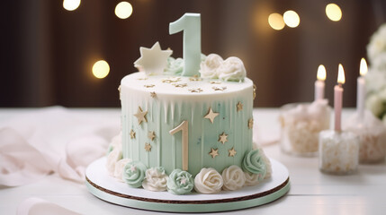 beautiful stylish cake with the number one for a baby's birthday, 1 year old, delicious dessert, holiday treat, card, party, congratulation, gift, celebration, decor, design, food, biscuit, figurine