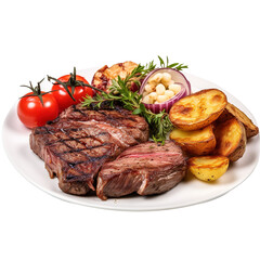 grilled meat steak tender juicy attractive with leaves,  vegetables and potato, tomato, onion isolated on transparent background, clipping path, png file, 
