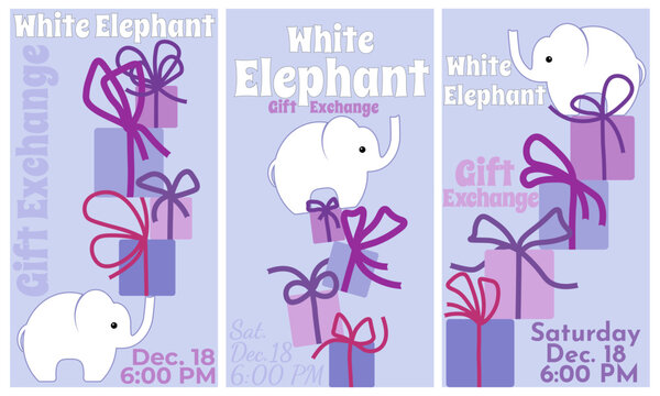 White elephant gift exchange card set, set of vertical card or flyer design for traditional holiday game