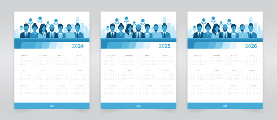Wall calendar templates for 2024, 2025, and 2026 with weeks starting on Sunday, featuring a modern, flat artwork of business people against a cityscape, suitable for the corporate or business sector - obrazy, fototapety, plakaty