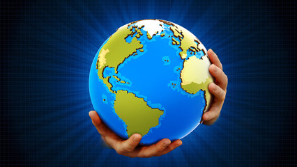 3d illustration where person got the whole world in his hands. Polygon low poly style render. Market, stock globalization, and cultures related. 