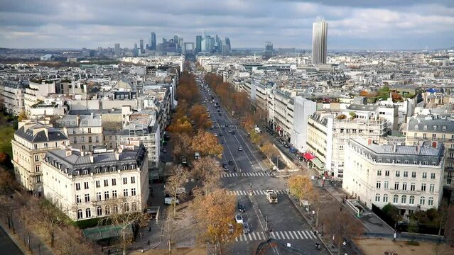 Aerial panoramic cityscape view of Paris, France with Avenue de la Grande Armee