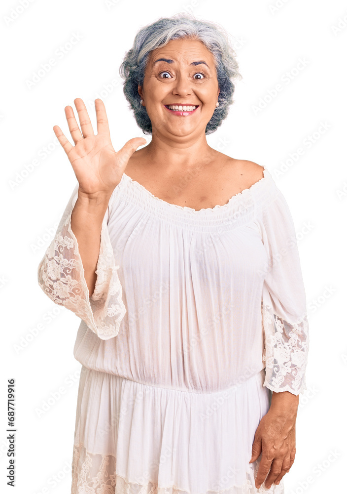 Poster Senior woman with gray hair wearing bohemian style showing and pointing up with fingers number five while smiling confident and happy.