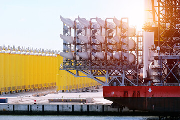 Wind Blades Loading Process On Board The Offshore Construction Vessel With Brand New Offshore Wind Monopile Foundations In The Background. Offshore Service Vessel For Wind Park Installation