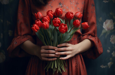 Close-up of a bouquet of red tulips in the hands of a girl in a vintage dress