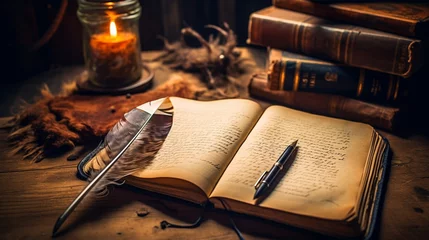 Fotobehang A weathered leather journal resting open on a wooden desk, filled with handwritten notes and sketches. A quill and inkwell suggest ongoing exploration and discovery © ra0