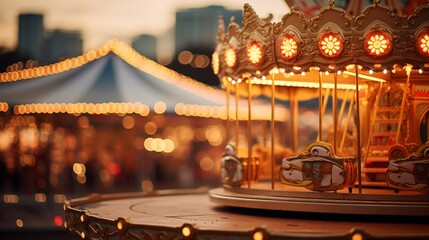 A whimsical fairground bathed in the glow of evening lights, the merry-go-round and ferris wheel casting playful bokeh against the blurred skyline