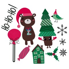 Christmas tree and animals set bears and candy and house and snowflakes pattern for wrapping paper