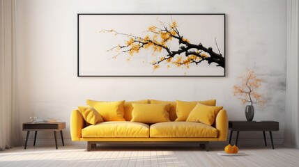 large canvas against a white wall and yellow couch, in the style of quiet simplicity, white and...