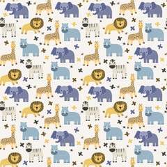 Vector seamless pattern with elephant, lion, giraffe, zebra, rhinoceros.Tropical jungle cartoon creatures.Pastel animals background.Cute natural pattern for fabric, childrens clothing,wrapping paper.