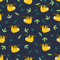 Vector seamless pattern with sloth.Tropical jungle cartoon creatures.Pastel animals background.Cute natural pattern for fabric, childrens clothing,textiles,wrapping paper.