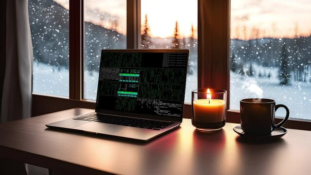 A laptop and a cup of coffee with snow falling in the background. Winter, Relax, Programmer, Coding, Hacking Concept -4k Seamless Loop