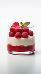 A glass of layered raspberry and vanilla dessert topped with fresh berries, a delightful Valentine's Day indulgence.
