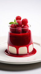 A layered panna cotta with raspberry sauce and berries, presented in a glass for an eye-catching Valentine's Day dessert.
