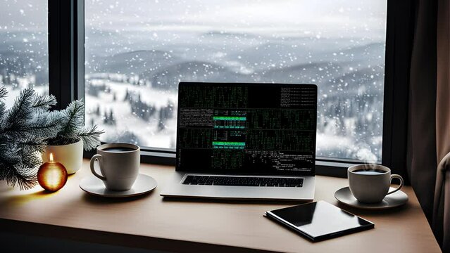 A laptop and a cup of coffee with snow falling in the background. Winter, Relax, Programmer, Coding, Hacking Concept -4k Seamless Loop