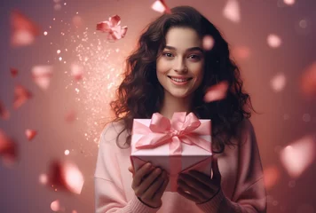 Fotobehang mujer joven manteniendo una caja regalo con lazo todo rosa entre sus manos, sobre fondo rosa con pétalos desenfocado, concepto San Valentín © Helena GARCIA