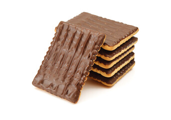 Stack of chocolate dipped square shape biscuits isolated on white background
