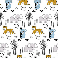 Vector seamless pattern with elephant, tiger, koala.Tropical jungle cartoon creatures.Pastel animals background.Cute natural pattern for fabric, childrens clothing,textiles,wrapping paper.