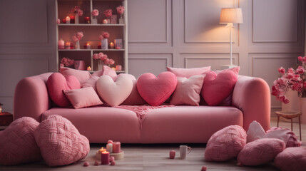 Fototapeta na wymiar A romantic evening awaits in this chic space with heart pillows and soft lighting, perfect for a Valentine's Day intimate celebration.