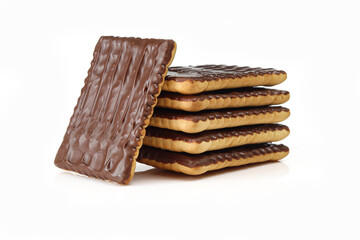 Stack of chocolate dipped square shape biscuits isolated on white background