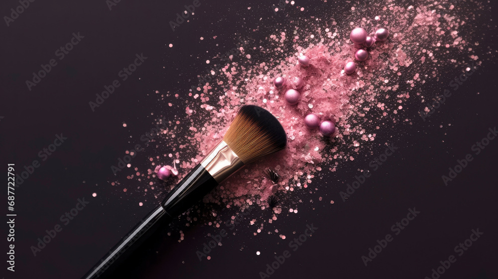 Wall mural makeup brush and pink blush powder splatter on black background. pink shimmer powder, eyeshadow, hig