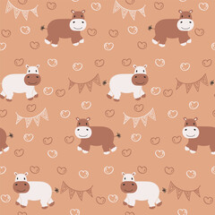 Vector seamless pattern with hippopotamus.Tropical jungle cartoon creatures.Pastel animals background.Cute natural pattern for fabric, childrens clothing,textiles,wrapping paper.