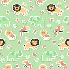 Fototapeta premium Vector sticker pattern with elephant, lion, lizard, toucan.Tropical jungle cartoon creatures.Pastel animals background.Cute natural pattern for fabric, childrens clothing,textiles,wrapping paper.