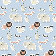 Obraz na płótnie Canvas Vector sticker pattern with elephant, lion, sloth, snake.Tropical jungle cartoon creatures.Pastel animals background.Cute natural pattern for fabric, childrens clothing,textiles,wrapping paper.