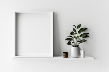 Vertical white frame mockup in minimal style interior with trailing green plant in pot, on shelf on empty neutral white wall background. Illustration. Generative AI
