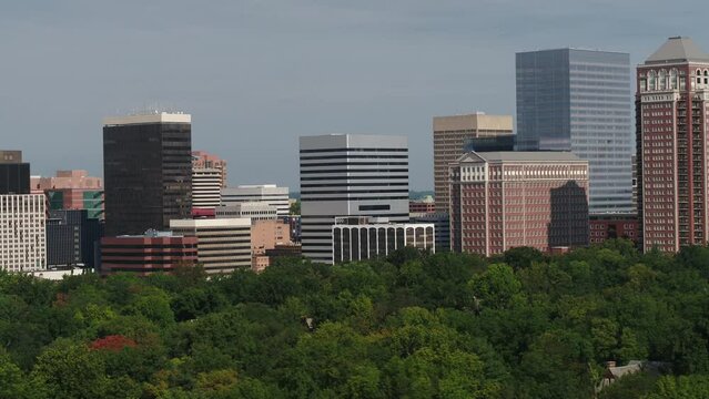 Clayton, MO, Missouri, skyline, aerial, drone, downtown, office buildings