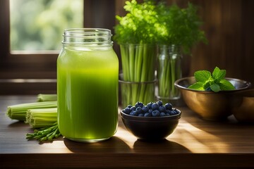 Fresh celery juice in mason jar, bowl of wild blueberry on wooden table morning light. AI generated