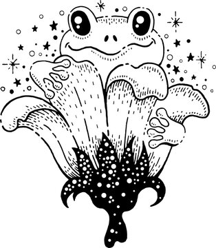 recommend clip art: Cute frog or baby toad in flower. Happy animal character sketch. Funny frog vector hand drawn illustration. Outline graphic sketch of funny toad. Witchcraft vector. Cute spring summer florar animal
