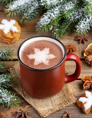 Obraz na płótnie Canvas Hot cocoa drink in brown mug with cinnamon, candy, Christmas winter mood, on wooden table