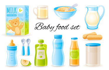 Baby food vector illustration. Milk porridge bowl with spoon, juice bottle, apple fruit, puree box, kids biscuit, milk, yogurt icon set. Healthy nutrition baby food. 3d product isolated illustration