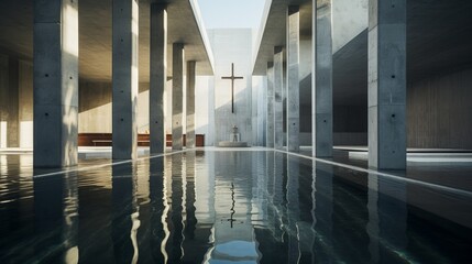 clear water concrete style church / chapel, charming light and shadow, copy space, 16:9