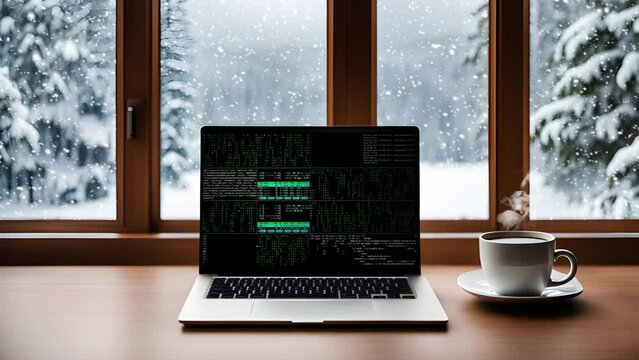 A laptop and a cup of coffee with snow falling in the background. Winter, Relax, Programmer, Coding, Hacking Concept -4k Seamless Loop