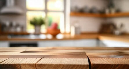 Empty wooden kitchen table with space to display product or copy/text - obrazy, fototapety, plakaty