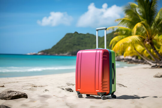 Colorful Coral Suitcase On A Tropical Beach, Vacation Ready. Coral Suitcase On A Tropical Beach, Vacation Ready. Tropical Journey, Vibrant Suitcase On White Sandy Beach.