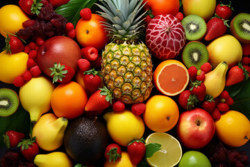 Beautiful background with fresh exotic various fruits, top view.generative ai