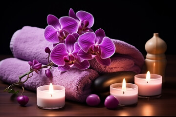 Obraz na płótnie Canvas Spa Still Life with Aromatic Candles, Orchid Flower, and Towel Created with Generative AI Tools