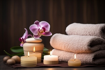 Fototapeta na wymiar Spa Still Life with Aromatic Candles, Orchid Flower, and Towel Created with Generative AI Tools