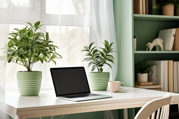 Fototapeta premium Stylish Workspace with Desktop Computer, Office Supplies, Houseplant, and Books at Office Created with Generative AI Tools